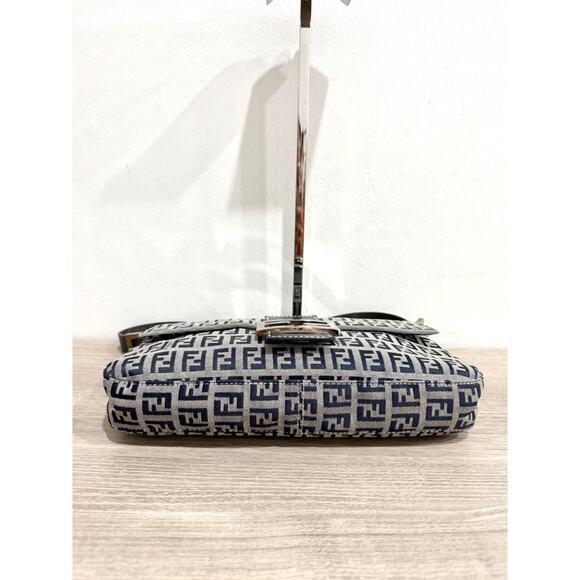 Fendi Zucchino Canvas & Leather Baguette Shoulder Handbag Light Gray/Navy Blue - Picture 10 of 16